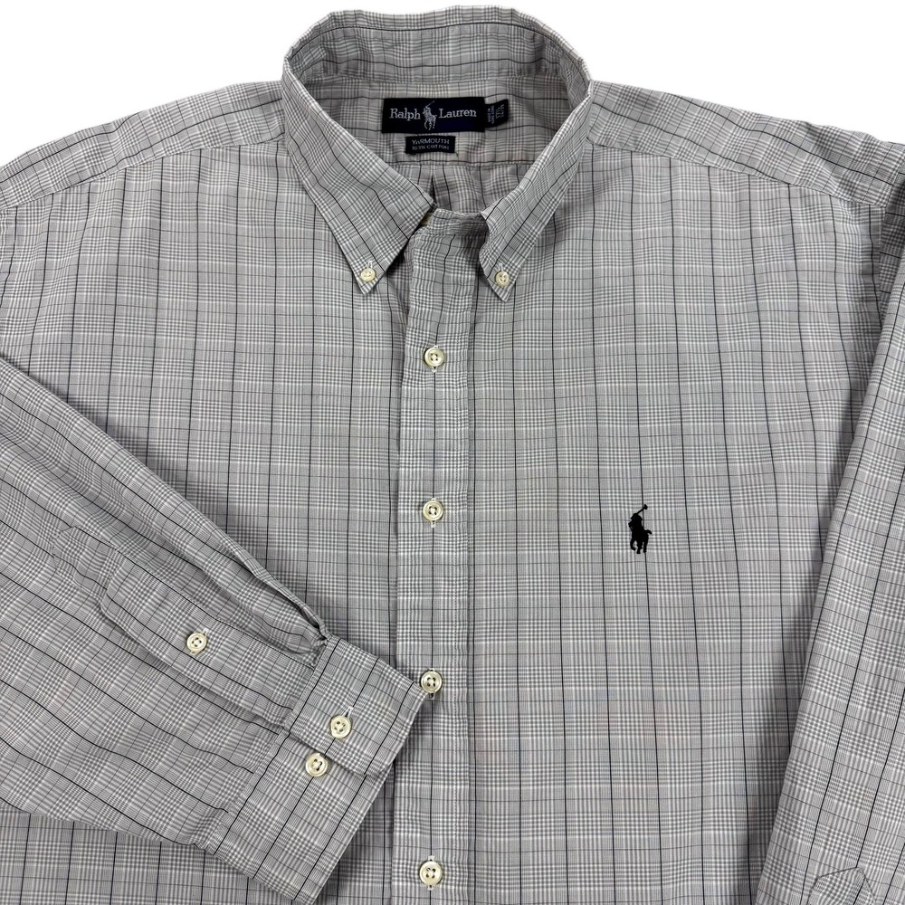 VTG Ralph Lauren Shirt Mens 17.5 34/35 Gray Check Yarmouth Button Down Hong Kong